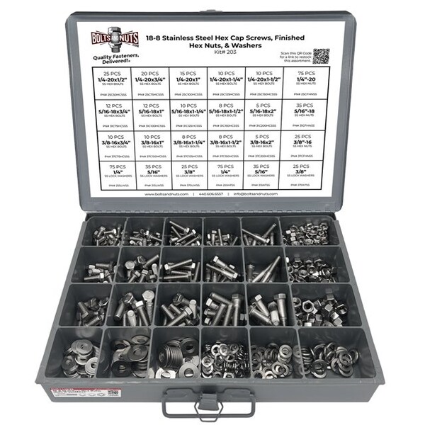 Boltsandnuts.Com Inch 18-8 Stainless Hex Cap Screws, Hex Nuts, Flat & Lock Washers - 574 PCS Assortment Kit #203 - main